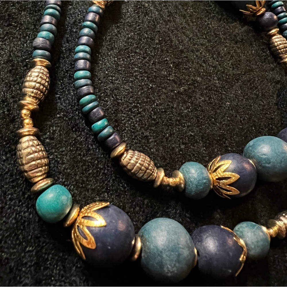 Vintage 90s BOHO Wooden Beaded Necklace TRIBAL Blue Green 30”